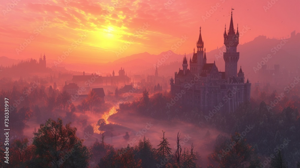 The castle is bathed in a soft, rosy glow as the sun sets, a fairytale vision come to life