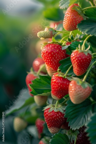 Succulent strawberries ripening  their sweet scent wafting through the air