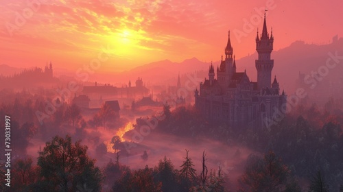 The castle is bathed in a soft, rosy glow as the sun sets, a fairytale vision come to life © olegganko