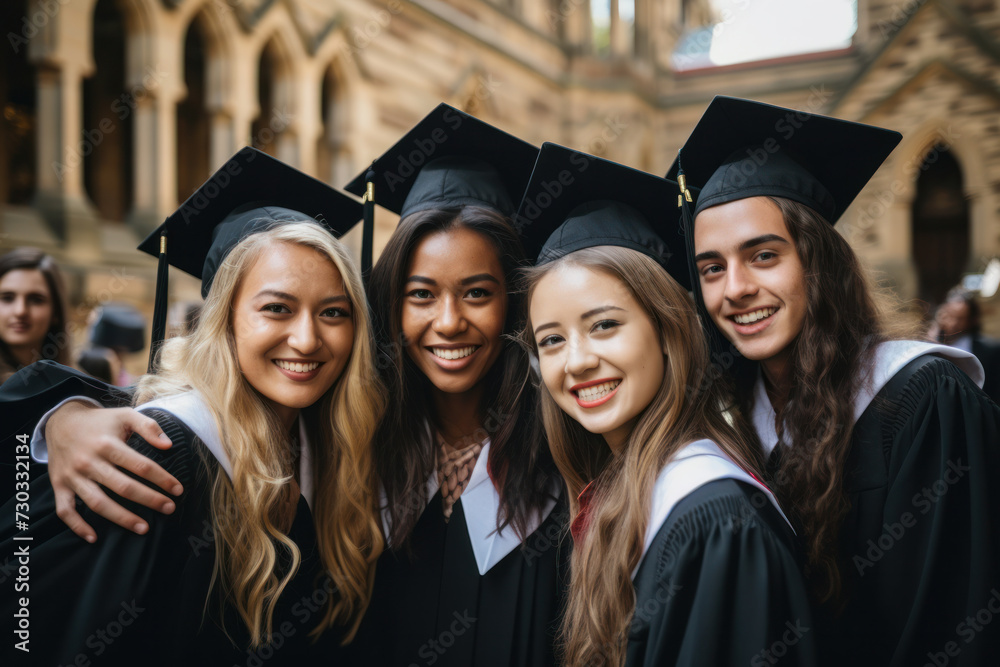 Graduation day, smiling female students in caps and gowns. Academic success. Graduation day, smiling female students in caps and gowns. Academic success.
