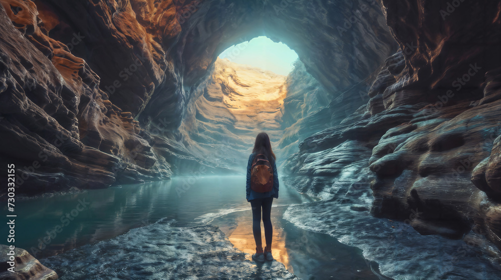 Explorer in Mountain Cave with River. Generative AI Explorer in Mountain Cave with River. Generative AI