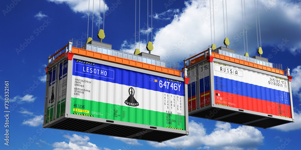 Shipping containers with flags of Lesotho and Russia - 3D illustration