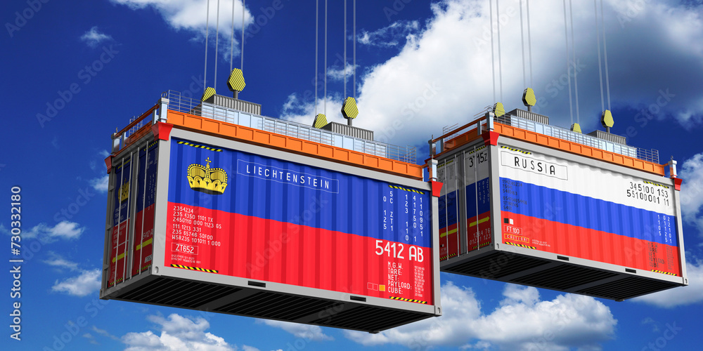 Shipping containers with flags of Liechtenstein and Russia - 3D illustration