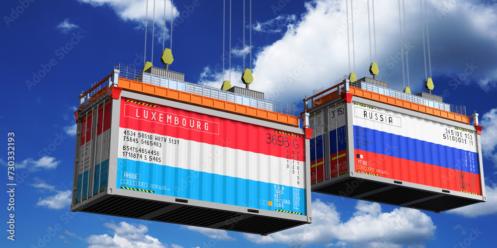 Shipping containers with flags of Luxembourg and Russia - 3D illustration