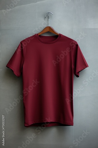 Maroon t shirt is seen against a gray wall