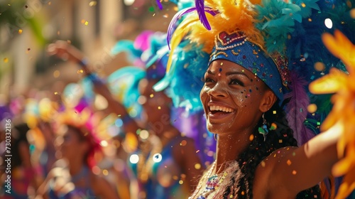 A kaleidoscope of colors fills the streets as floats and performers dance in the carnival procession