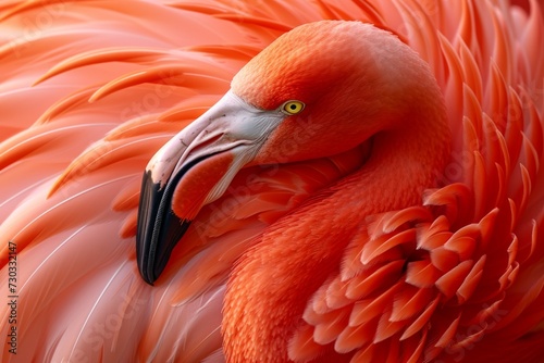 A close-up showcases the fiery hues of a flamingo's feathers, a testament to ...