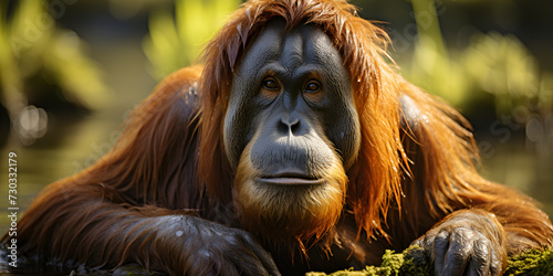 Orangutan in the rainforest of Sumatra island, Indonesia, Orangutan Pongo pygmaeus in the rainforest of Sumatra photo