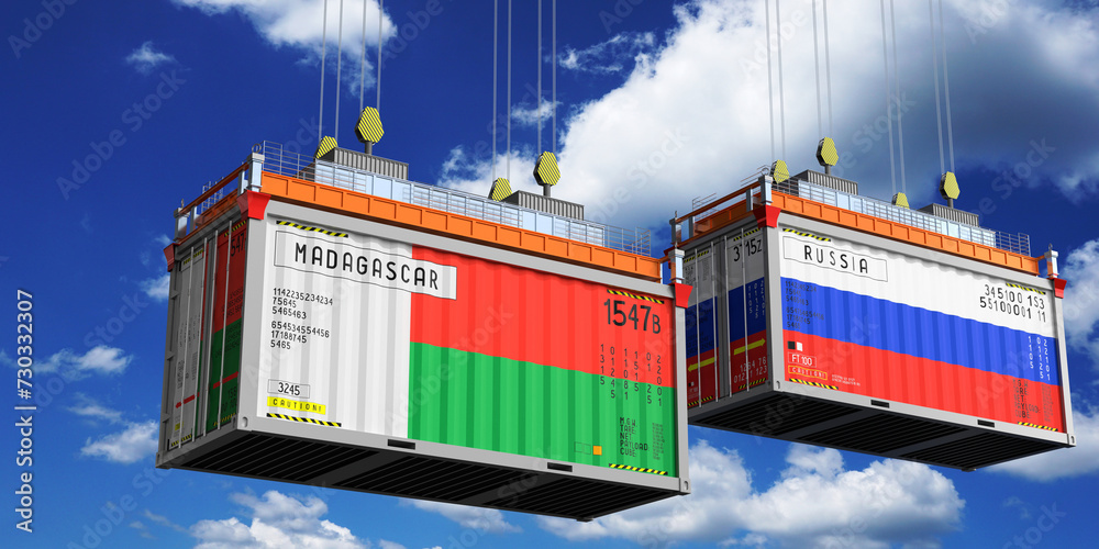Shipping containers with flags of Madagascar and Russia - 3D illustration
