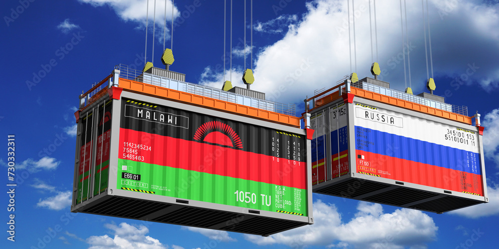 Shipping containers with flags of Malawi and Russia - 3D illustration Shipping containers with flags of Malawi and Russia - 3D illustration