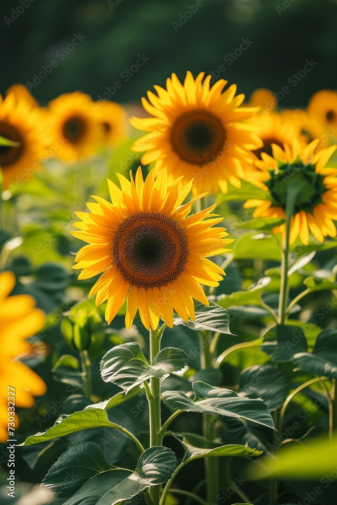 Tall stalks of sun-loving sunflowers swaying gently in the summer breeze