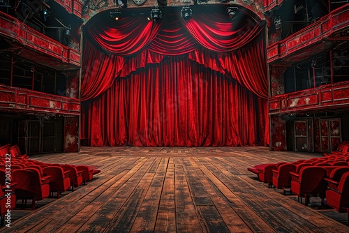 red curtain on theater wood stage with red velvet seats