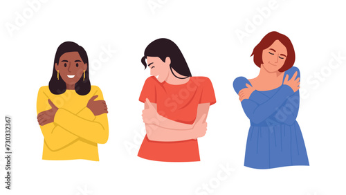 Vector illustration of the concept of love and self-acceptance. Cartoon scene of a group of happy girls hugging themselves, showing love and care for themselves isolated on a white background.