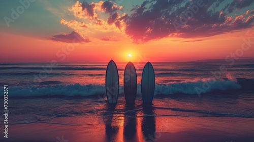 Minimalistic surfboard silhouettes against a radiant sunset capture the thrill of the beach photo
