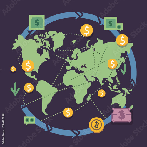 2d vector illustration colorful trading over the world map money bitcoin crypto 
