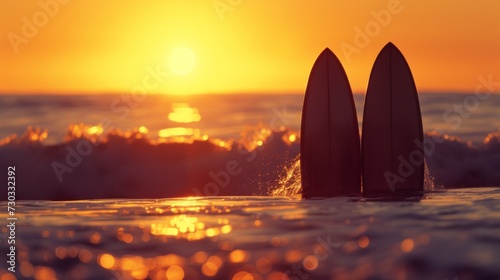 Minimalistic surfboard silhouettes against a radiant sunset capture the thril...
