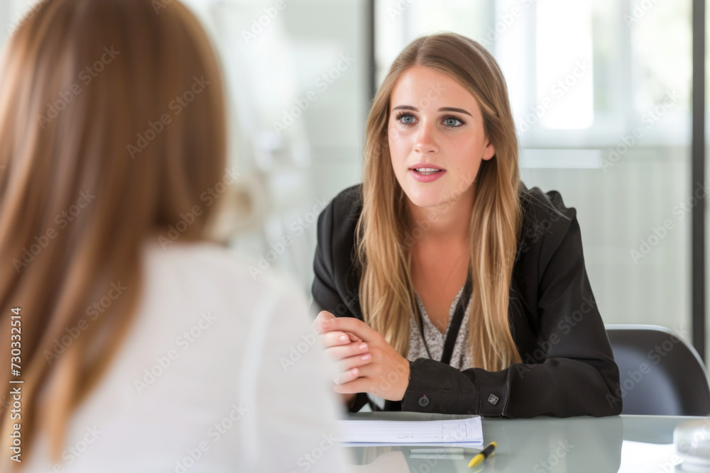 Beautiful young businesswoman sitting at desk in office and talking with colleague