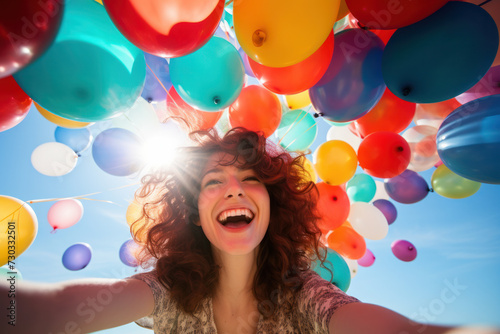 Joyful woman surrounded by colorful balloons under clear sky. Celebration and happiness.