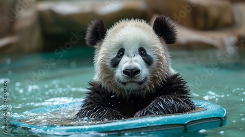 A panda enjoys a leisurely soak in a cool, refreshing pool. large copyspace area