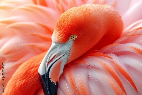 A close-up showcases the fiery hues of a flamingo's feathers, a testament to ...