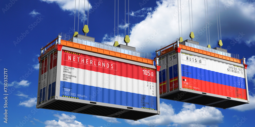 Shipping containers with flags of Netherlands and Russia - 3D illustration Shipping containers with flags of Netherlands and Russia - 3D illustration