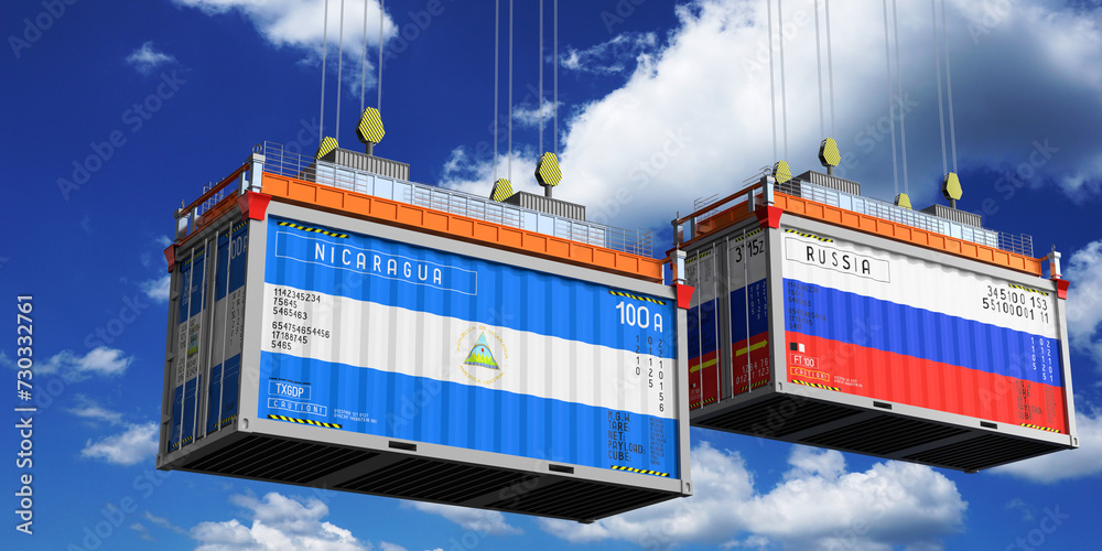 Shipping containers with flags of Nicaragua and Russia - 3D illustration