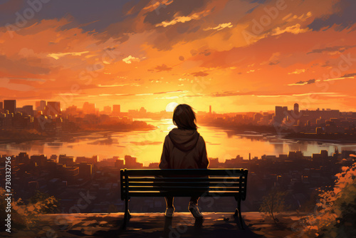 Contemplative woman sitting on bench overlooking cityscape at sunrise. Urban tranquility.