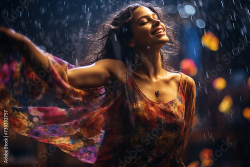 Joyful woman dancing in rain at night. Celebration and happiness.