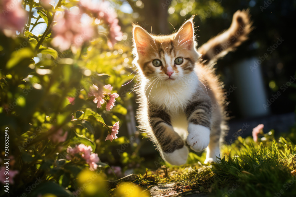 Playful kitten leaping in sunlit garden with blooming flowers. Domestic pet and nature. Playful kitten leaping in sunlit garden with blooming flowers. Domestic pet and nature.