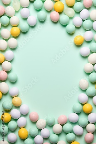 Mint background with colorful easter eggs round frame texture
