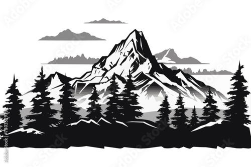 Black and white mountain range with trees wall art  symbolic landscapes stencil art outdoor scenes vector illustration
