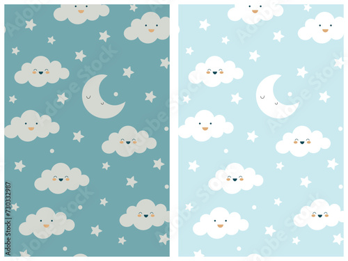 Cute sky seamless pattern set. Simple nursery art for baby. White  clouds  moon and stars on blue background. Vector illustration.