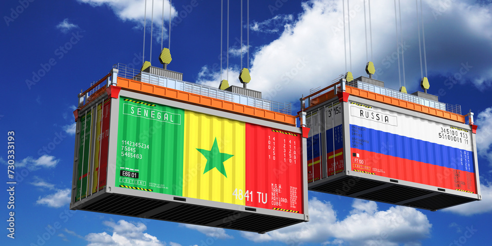 Shipping containers with flags of Senegal and Russia - 3D illustration