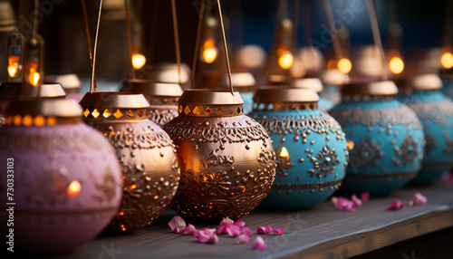 Illuminated candlelight decorates the dark winter night, symbolizing spirituality generated by AI