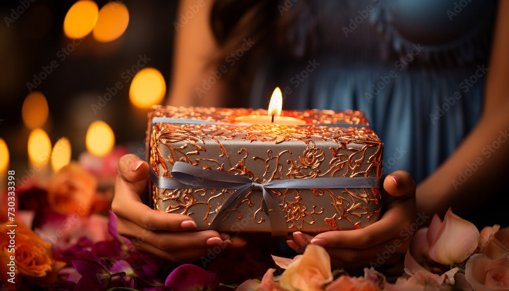 Women holding candle, gift, celebrating love, illuminated by flame generated by AI