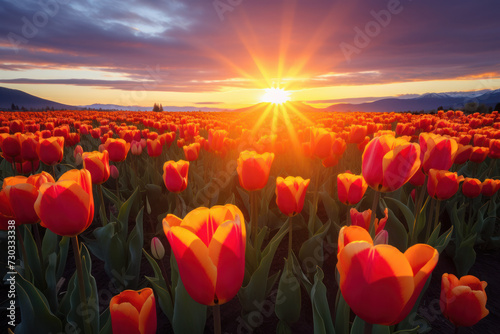 Sunrise over vibrant tulip fields in springtime. Nature and beauty.