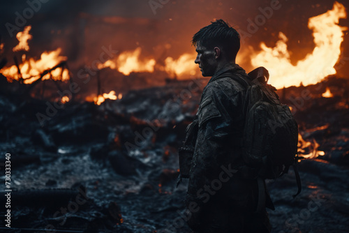 Solemn soldier amidst ravaged battlefield. War aftermath and resilience.