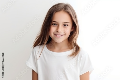 Portrait of a cute little girl with long hair on white background