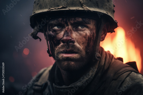 Soldier in combat gear with intense expression in war zone. Bravery and warfare.