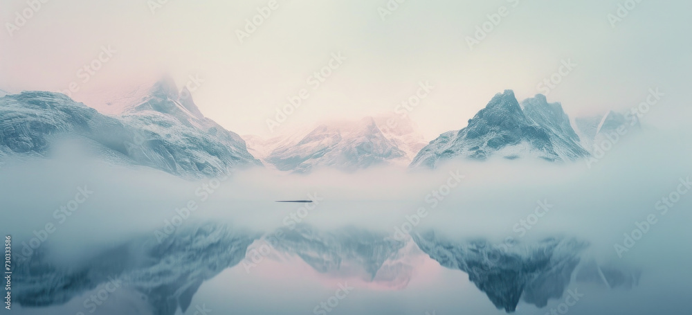 Serene mountain landscape with reflections on tranquil water. Nature tranquility.