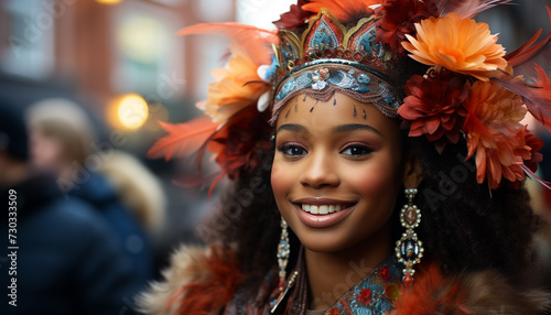 Smiling young women in traditional clothing celebrate cultural beauty generated by AI