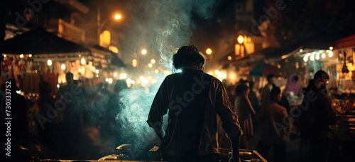 Street vendor preparing food in bustling night market. Urban street life.