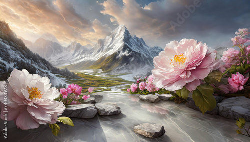 Abstrakcyjny krajobraz koncepcyjny z kwiatami piwonii