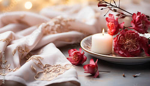 Romantic candlelight, luxury decoration, flower petal, relaxation, pampering, elegance generated by AI