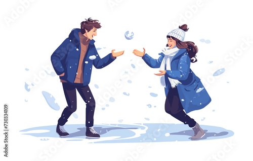Playful Snowball Fight with a Smiling Couple isolated vector style on isolated background illustration