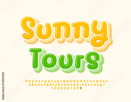 Vector travel sign Sunny Tours. Yellow handwritten Font. Cute 3D Alphabet Letters and Numbers set.