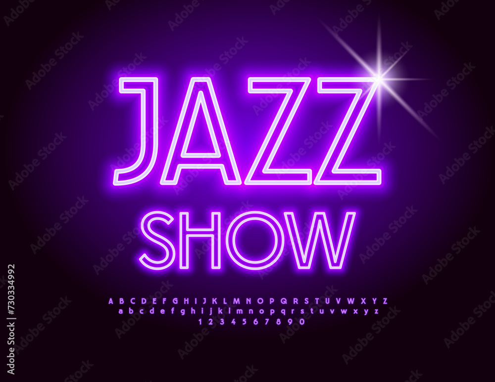 Vector Neon poster Jazz Show. Bright Glowing Font. Unique Electric Alphabet Letters and Numbers.