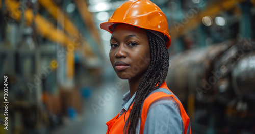 a woman african manufacturing worker with helmet and bright safety vest in front of machine © boyhey
