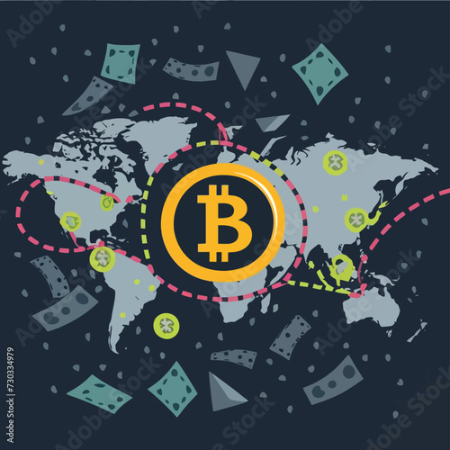 2d vector illustration colorful trading over the world map money bitcoin crypto 
