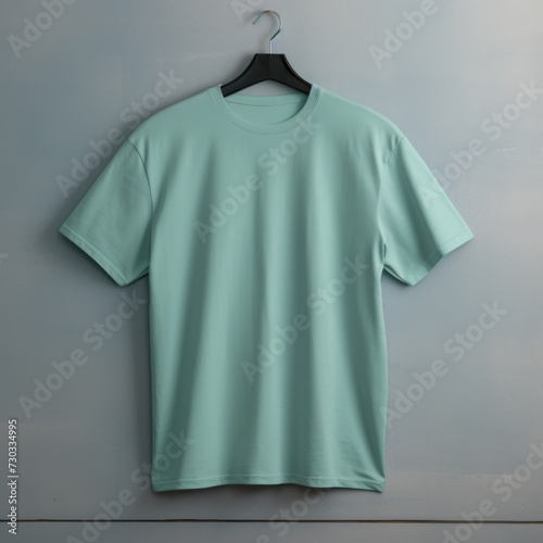 Mint t shirt is seen against a gray wall